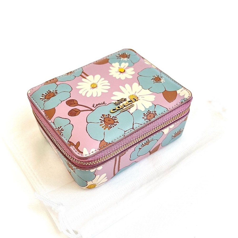Coach Leather Floral Jewelry Box Zip Pink Purple